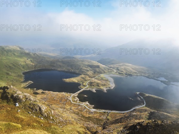 Pyg Track over Llyn Llydaw lake from a drone, Pen-y-Pass, mountain pass, Snowdonia, Gwynedd,