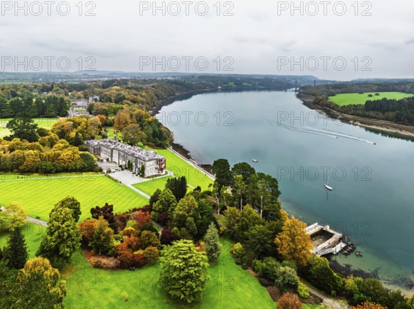 Autumn over Plas Newydd House from a drone, Gardens and Parkland, Llanfairpwllgwyngyll, Anglesey,