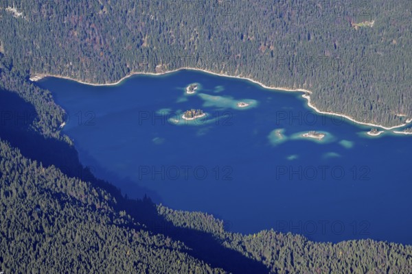View of Lake Eibsee lake from the mountain station of the Zugspitz cable car (2962 m), Grainau