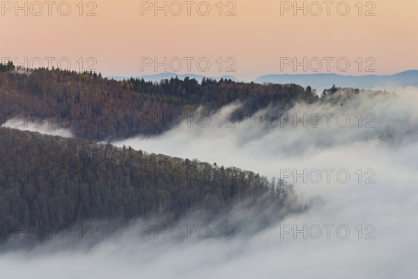 View from the Gisliflue of the Jura foothills covered in fog, in the light of dawn, Talheim,