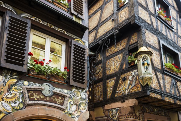 Artfully painted half-timbered houses, Sélestat, Schlettstadt, Alsace, Bas-Rhin department, France