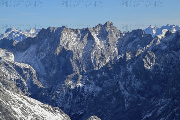 View of the Wetterstein Mountains from the mountain station of the Zugspitz cable car (2962 m),