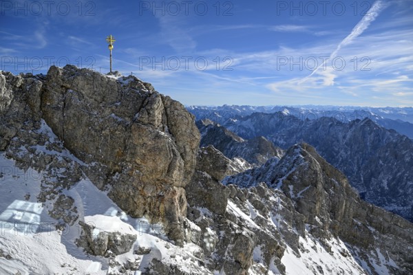 Zugspitze summit cross (2962 m), in the background the Wetterstein Mountains, Grainau municipality,