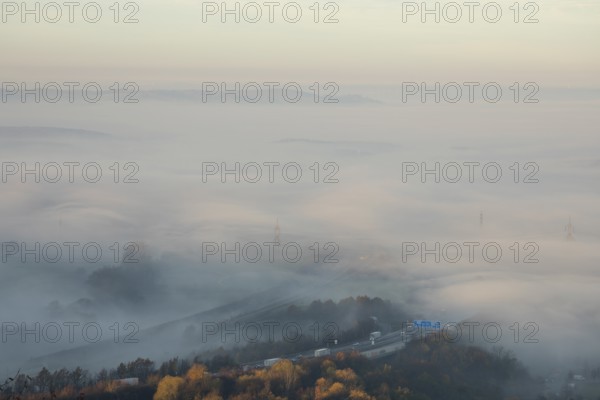 Aichelberg Alb climb of the A8 in thick fog on an autumn morning. Lkr. Göppingen,