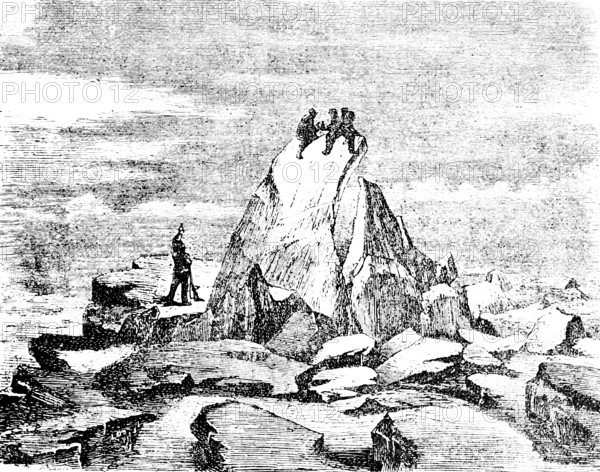 Ice block on an ice field in the Arctic Ocean, ice landscape, floating ice blocks people, danger,