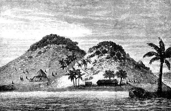 Lonely volcanic island in New Guinea, Papua, Pacific Ocean, straw huts, coconut trees,