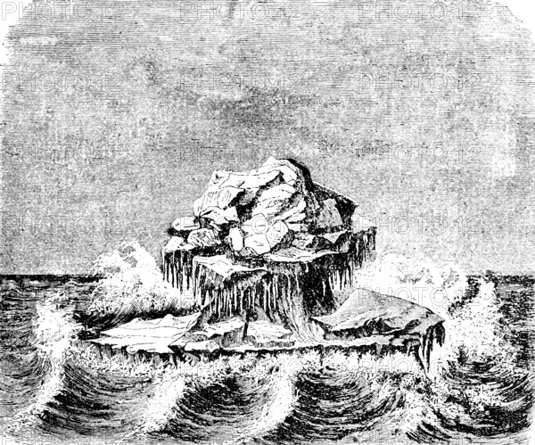 Floating iceberg in the Arctic Ocean, high waves, open sea, cold climate, icicles, melting,