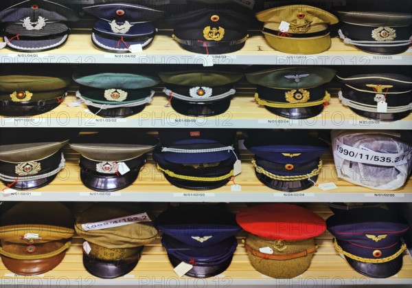 Collection of official caps in the textile depot, House of History, Bonn, North Rhine-Westphalia,