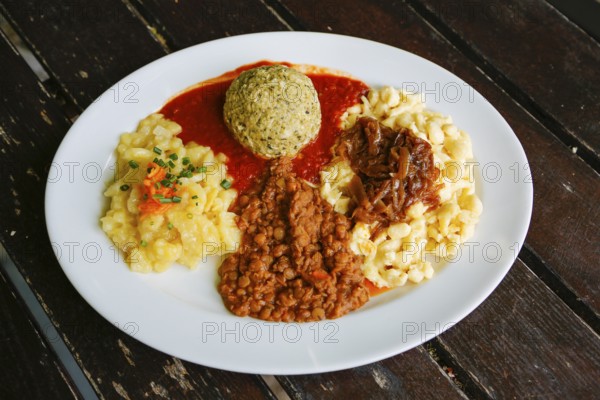 Swabian cuisine, potato salad with flavored onions, spätzle, knöpfle, dumplings with tomato sauce,