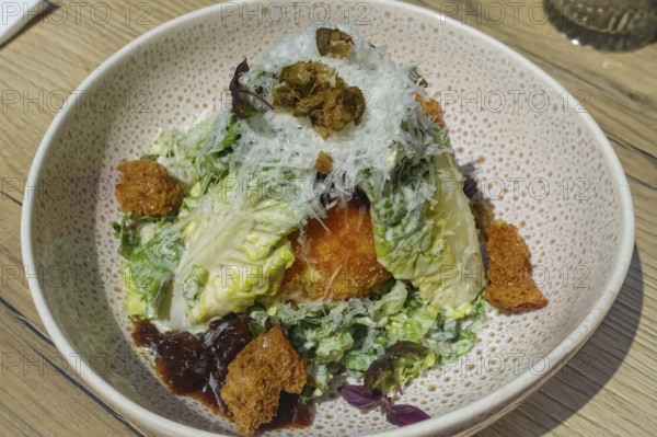 Baked burrata served on plate, breaded mozzarella, starter, vegetarian, salad hearts, green lettuce