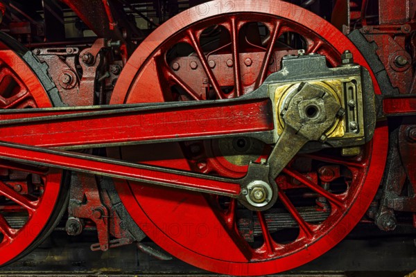 Wheelwork of a historic steam locomotive owned by the Free State of Bavaria, Eisenbahnmuseum,