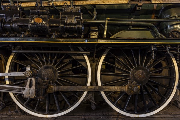 Wheelwork of the legendary French locomotive La France, operating number 231.K 22, railway museum,