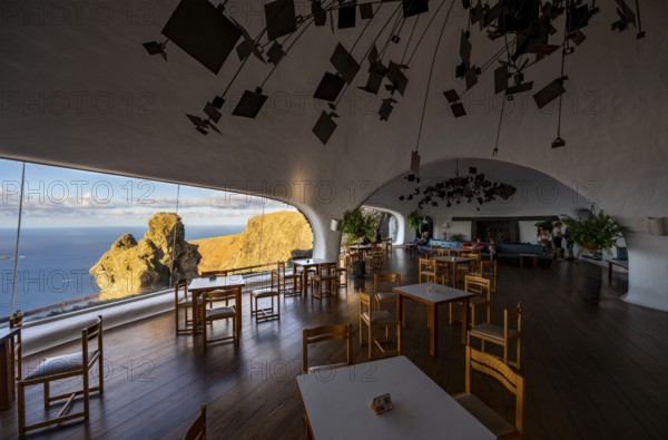 Cafe with panoramic window, interior at the Mirador del Río viewpoint, designed by artist César