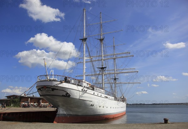 Gorch Fock, a sailing school ship rigged as a bark in the harbor, Stralsund, Vorpommern-Rügen