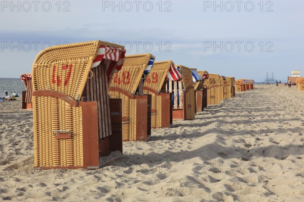 Empty, locked beach chairs on the beach, beach chair, sandy beach, Baltic Sea, Poel island,