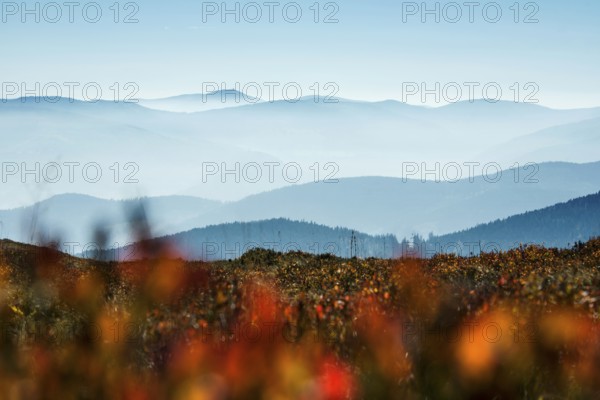 Staggered mountain ranges in haze, at Hohneck, Col de la Schlucht, Vosges, Alsace-Lorraine, Vosges