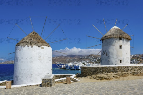 Mykonos, Cyclades, Greece - The six sixteenth-century windmills, lined up on a hill above Mykonos