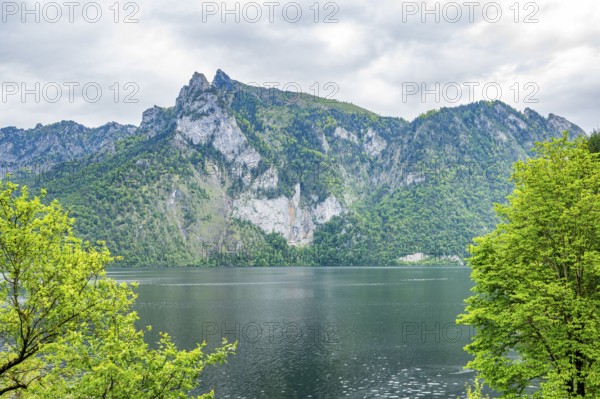 Landscape of Lake Traunsee on a rainy day in spring, Traunstein summit, Traunkirchen,