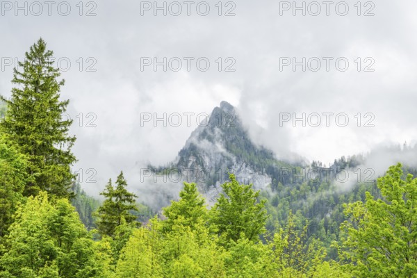 View into the mountains next to Lake Offensee on a rainy day in spring, Salzkammergut, Austria,
