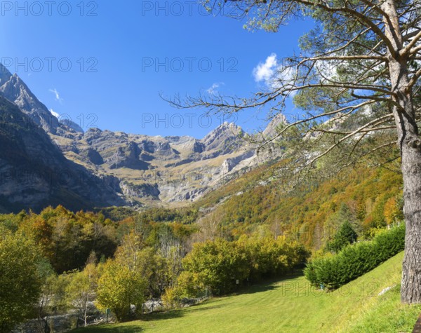 Mountain landscape view Ordesa y Monte Perdido National Park, Bielsa parador, Huesca province,