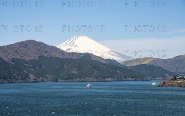 View of Lake Ashi with Mount Fuji volcano, Benten-no-hana Tenbodai viewpoint, Hakone Park, Hakone,