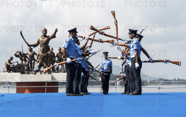 Indian Air Force personnel performs a bayonet drill demonstration on the bank of Brahmaputra river,