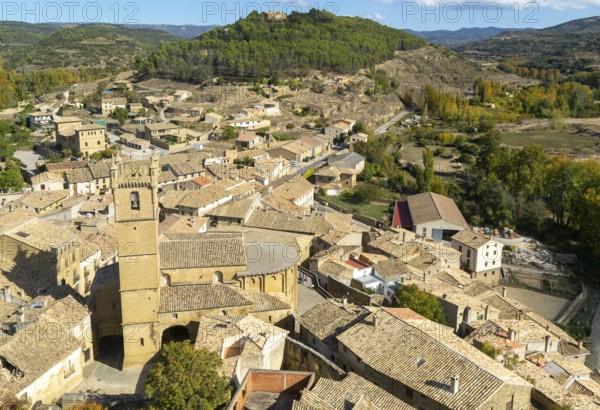 Church tower and rooftops of medieval village of Uncastillo, Cinco Villas, Zaragoza province,
