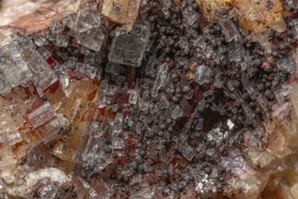 Transparent crystals sit on rocks and reveal their unique shimmer and geological structure. The