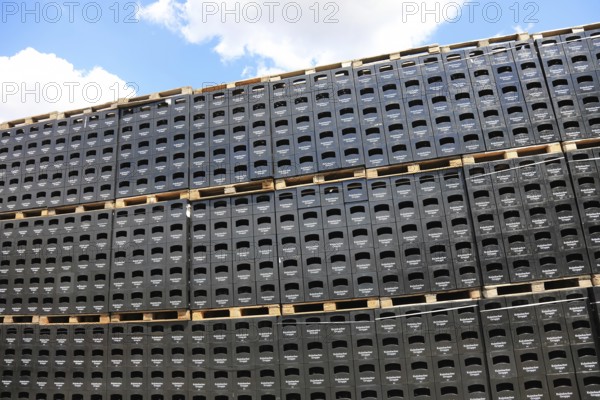 Stacked black beer crates from the Kulmbacher Group, a beverage manufacturer that includes