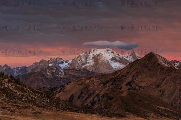 Dawn, clouds, morning mood, mountains, autumn, view of Marmolada, Giau Pass, Dolomites, Italy