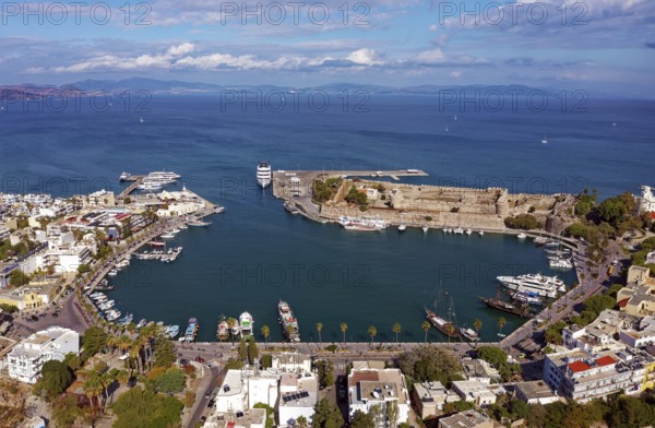 Aerial view, Mandraki harbor, seaport, ship, ships, back fortress, castle, Neratzia, also