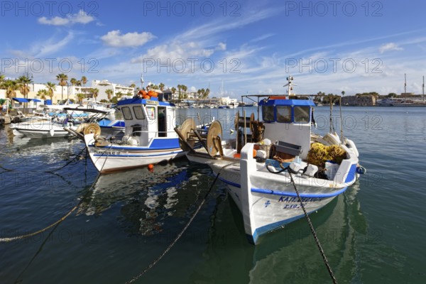 Fishing boat, fishing boats, picturesque, Neratzia fortress in the back, Mandraki harbor, seaport,