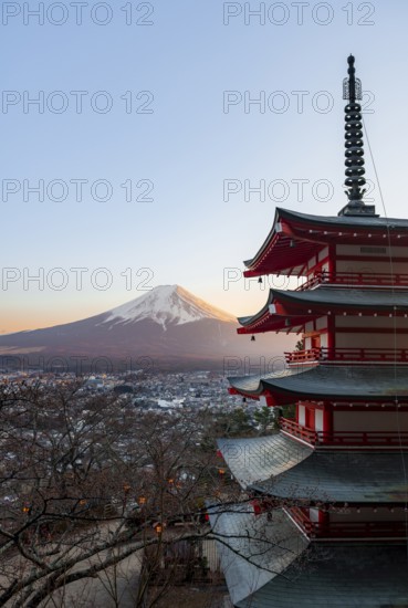 Five-story pagoda of a Shinto Shrine, Chureito Pagoda, with views of Fujiyoshida City and Mount