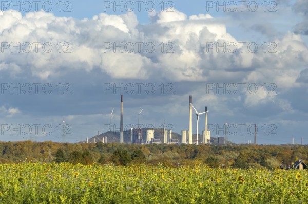 Symboldild with clouds Cumulus calvus for wind energy at the top, Uniper power plant with fossil