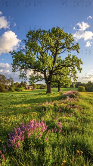 A serene landscape featuring a large tree by a stream at sunset with vibrant green grass and