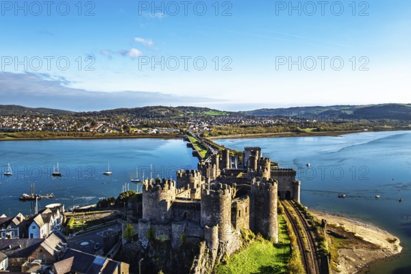 Conwy Castle over River Convy from a drone, Convy, North Wales, England, United Kingdom