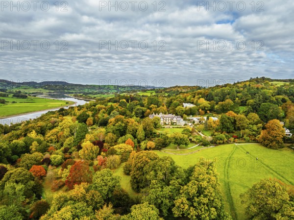 Autumn colours over Bodnant House and Garden from a drone, Conwy River, Colwyn Bay, Conwy, Wales,