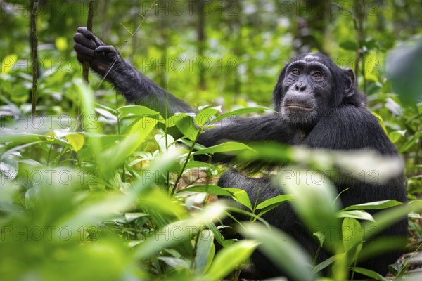 Animal portrait, chimpanzee (Pan Troglodytes), adult male among leaves in jungle, Kibale National