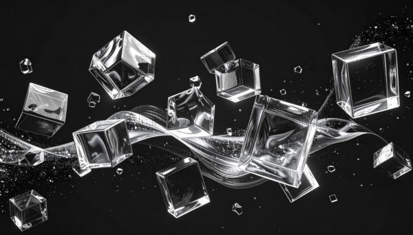 Abstract animation, glass cubes on black background, modern business wallpaper illustration, AI