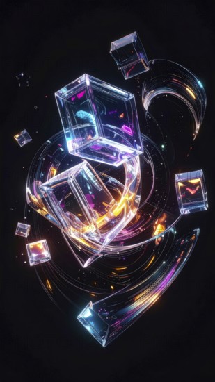 Abstract animation, glass cubes on black background, modern business wallpaper illustration, AI