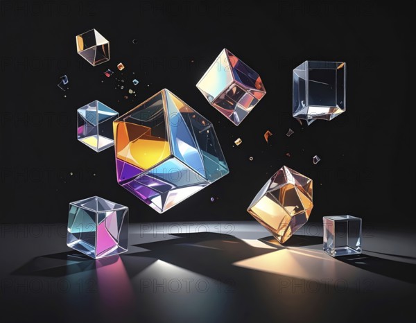 Abstract animation, glass cubes on black background, modern business wallpaper illustration, AI