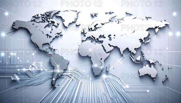 Abstract visualization of global rare earth supply network feeding EV industry, world map design,