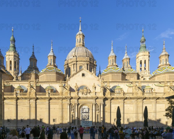 Towers and domes on roof of Basilica of Our Lady of the Pillar cathedral church, Zaragoza, Aragon,