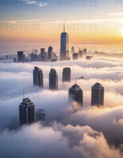 City scape emerging from a dense enveloping fog in sunrise and skyscrapers piercing the haze, big