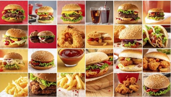 Collage of various fast food meals. beagles, hamburger, cheeseburger, french fries and a view green