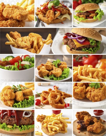 Collage of various fast food meals. beagles, hamburger, cheeseburger, french fries and a view green