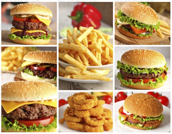 Collage of various fast food meals. beagles, hamburger, cheeseburger, french fries and a view green
