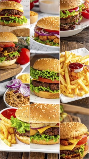 Collage of various fast food meals. beagles, hamburger, cheeseburger, french fries and a view green