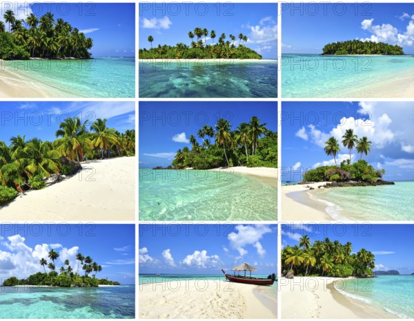 Collage of tropical islands with beach and palm trees, paradise with blue cloudy sky, turquoise