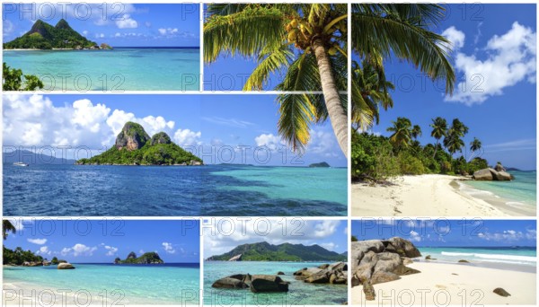Collage of tropical islands with beach and palm trees, paradise with blue cloudy sky, turquoise